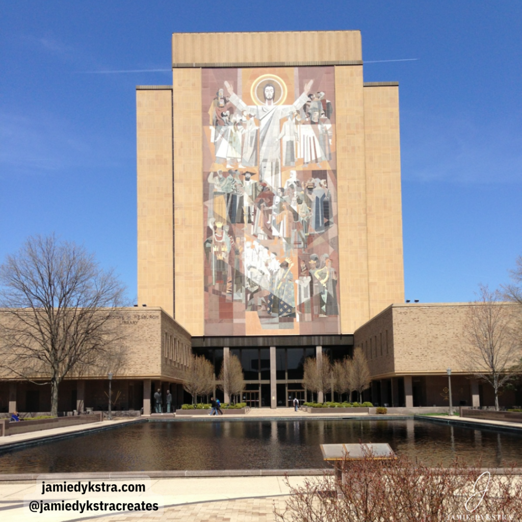 A picture of the outside of the library at the University of Notre Dame.