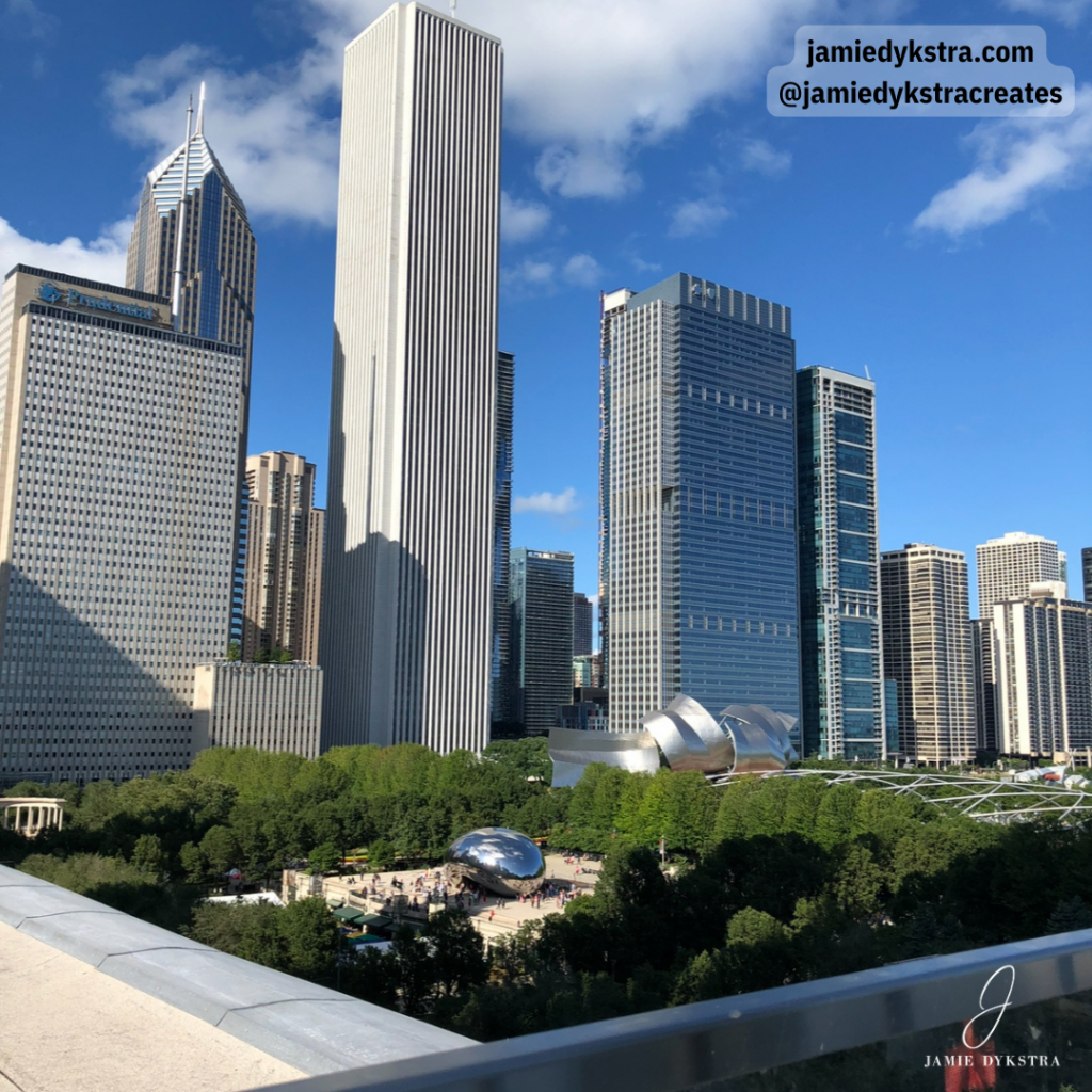 A view of the Chicago skyline over Millennium Park.