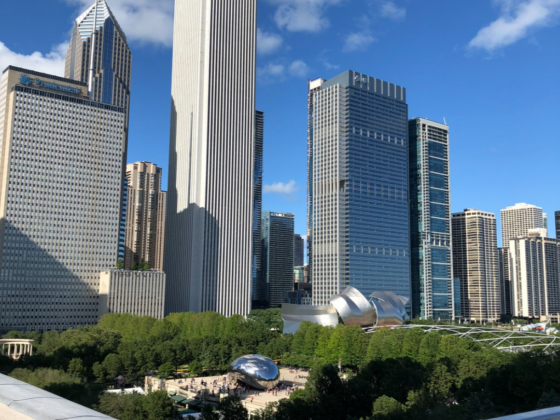 A view of the Chicago skyline over Millennium Park.