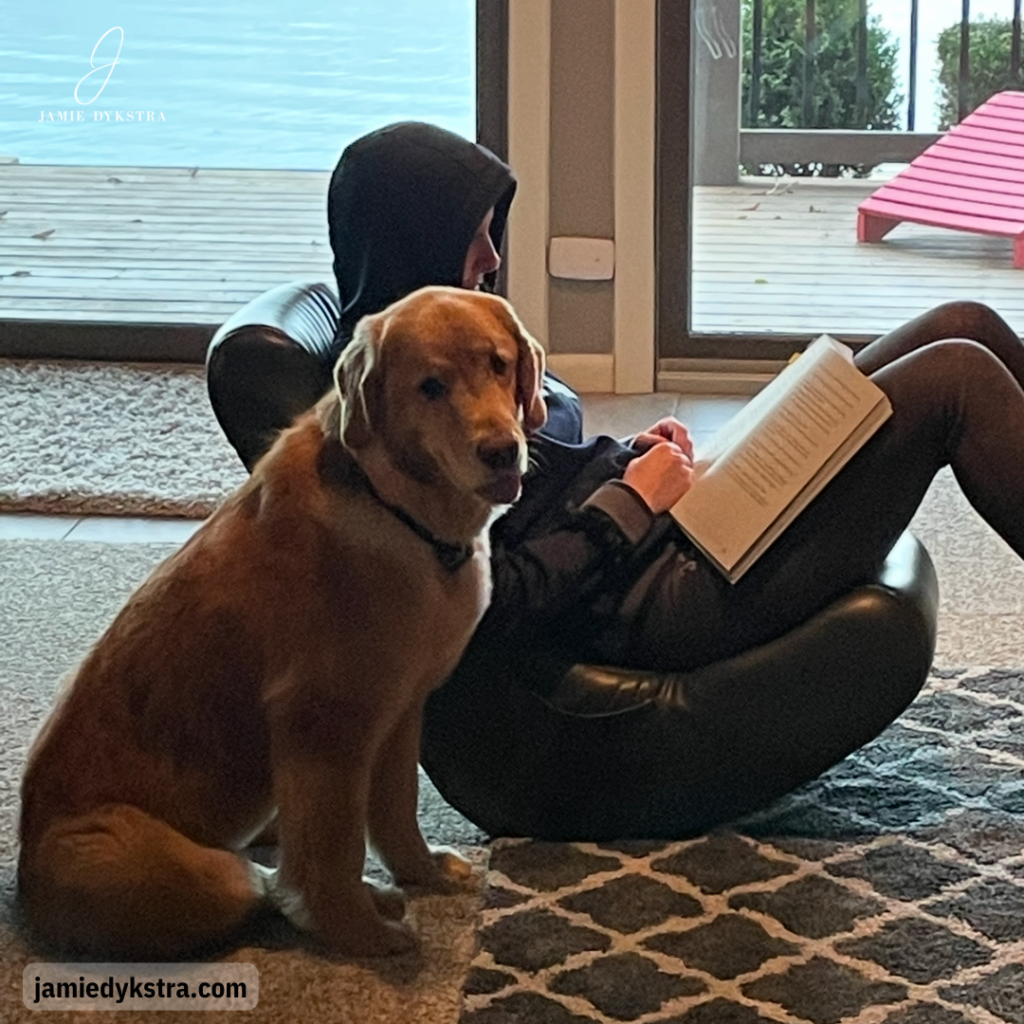 A picture of me sitting in a chair studying with my hood up and my Golden Retriever sitting next to me.