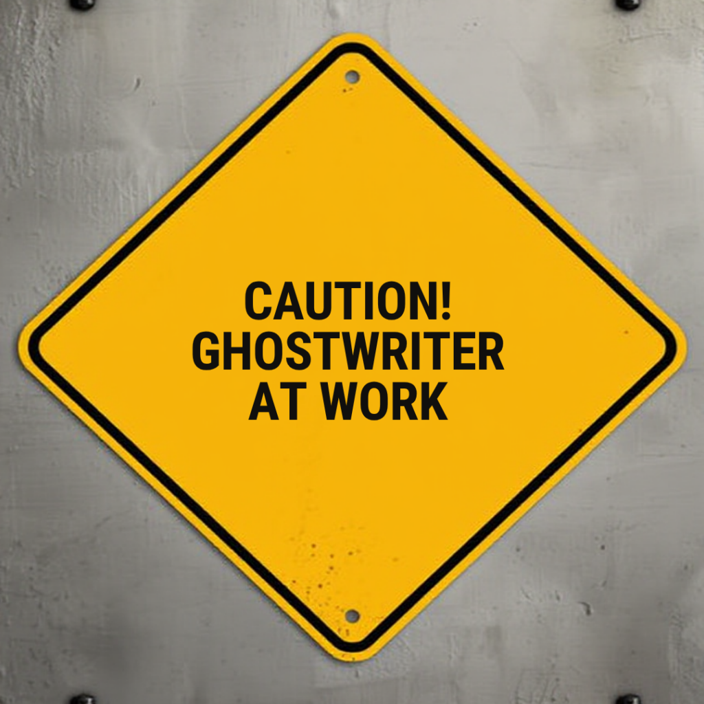 A sign in the shape of a yellow caution construction sign that says, "Caution! Ghostwriter at work"