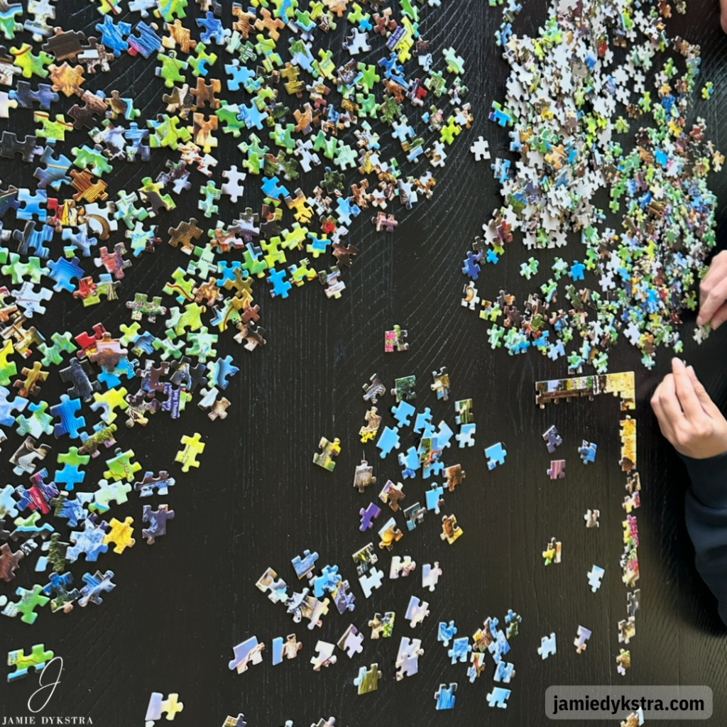 Pieces of a jigsaw puzzle scattered over a dark table, with just a few edge pieces put together.