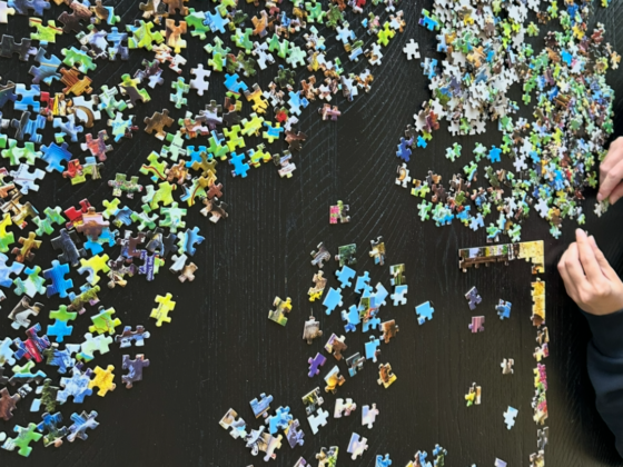 Pieces of a jigsaw puzzle scattered over a dark table, with just a few edge pieces put together.