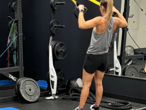 A photo of me using the TRX bands in a gym.