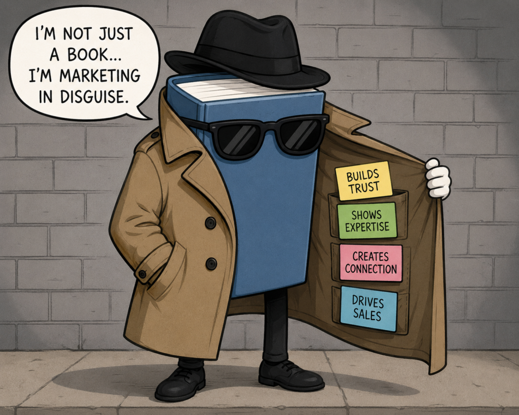 AI-generated image of a a cartoon of a book with a trench coat on, a black hat, and sunglasses showing how a book is marketing in disguise.