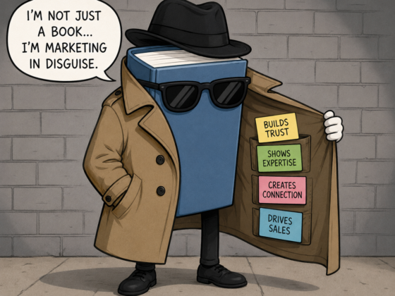 AI-generated image of a a cartoon of a book with a trench coat on, a black hat, and sunglasses showing how a book is marketing in disguise.